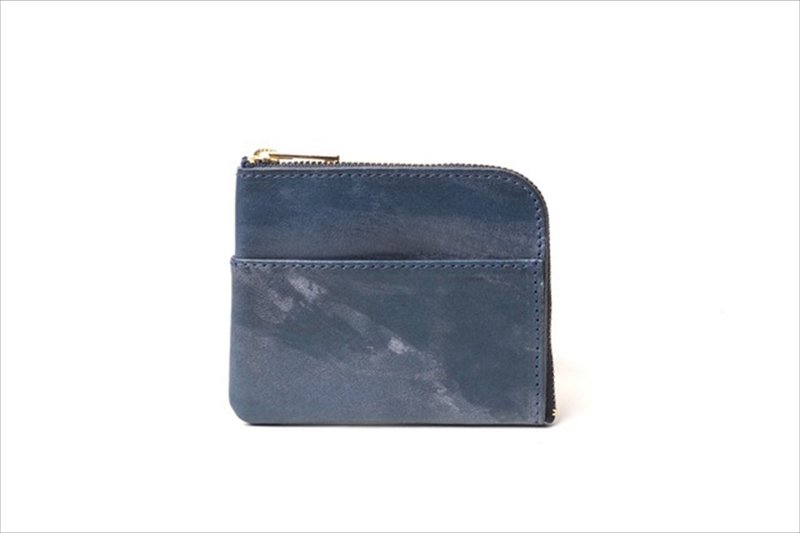 L-Shape Small Wallet, Nubuck Leather Waxed Color Navy - Wallets - Genuine Leather Blue