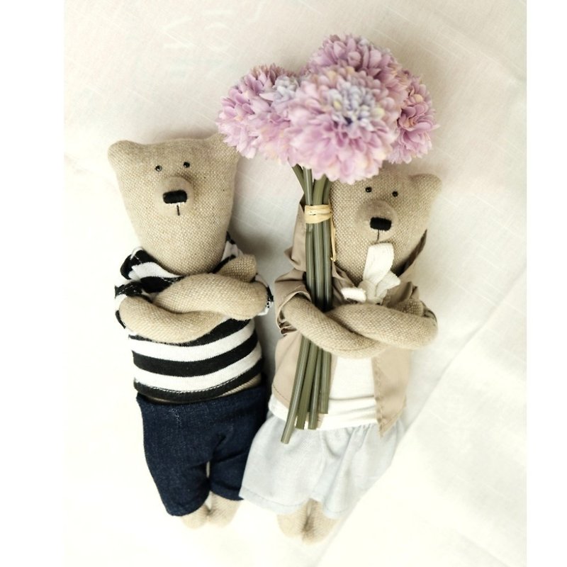 PK bears I little chef & thoughtful pair bear 23cm (comes with bouquet and stand) - ตุ๊กตา - เส้นใยสังเคราะห์ สีน้ำเงิน