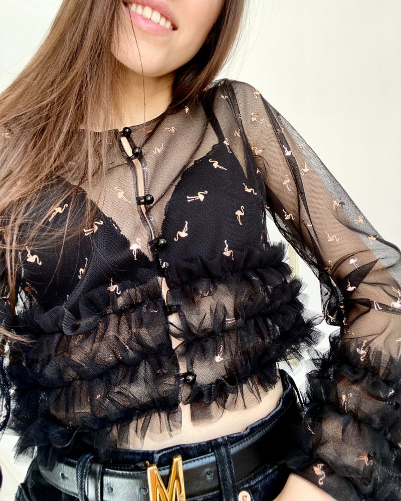 聚酯纖維 女上衣/長袖上衣 黑色 - Gold flamingo blouse with ruffles / 金色火烈鳥荷葉邊上衣 / 鈕扣襯衫