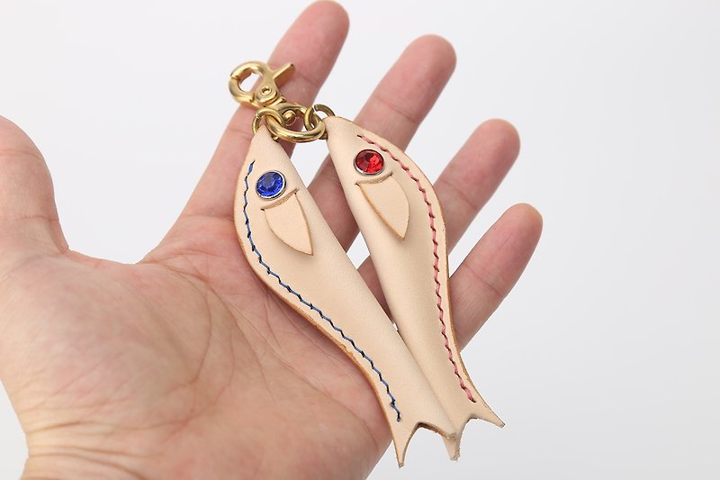 [Tangent School] Every year there are more than handmade leather accessories pendant double flying fish pendant key pendant - Charms - Genuine Leather White