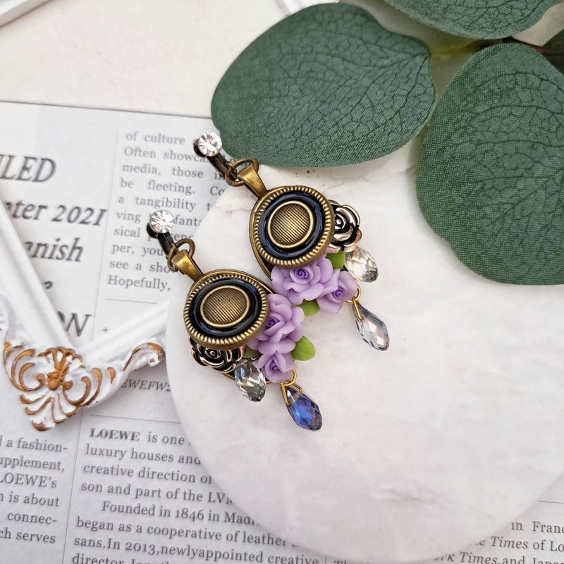 以玫瑰之名。夾式耳環 針式耳環 螺旋耳夾 /// 垂墜式耳環 - 耳環/耳夾/耳骨夾 - 其他材質 紫色