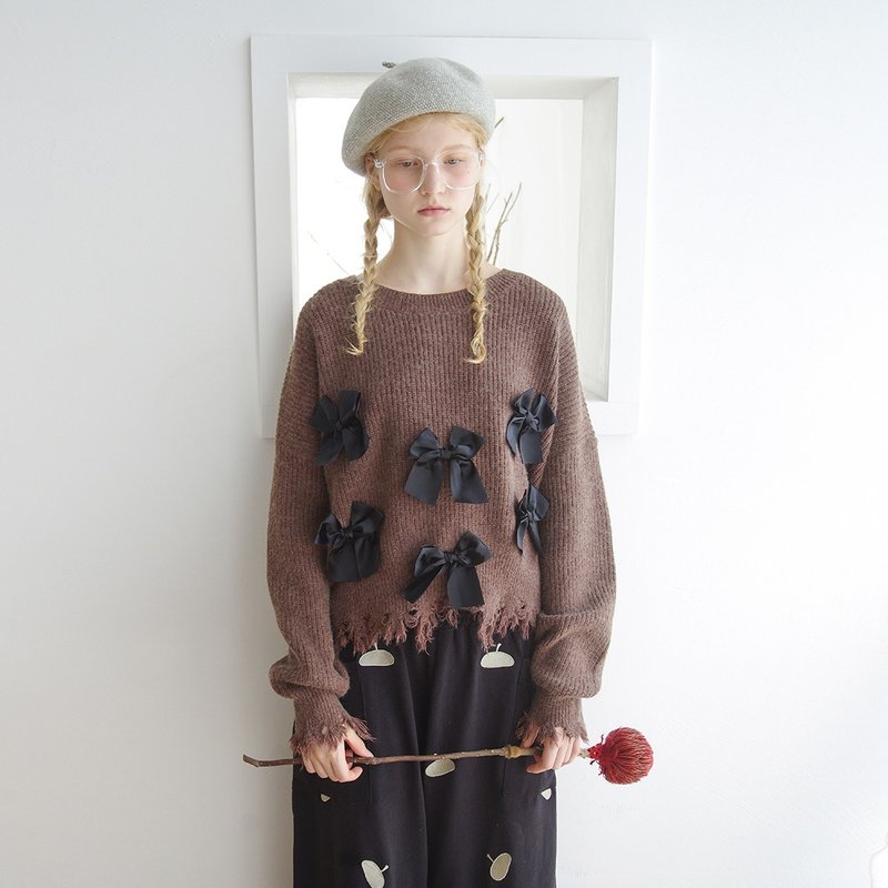 Black bow brown sweater - imakokoni - Women's Tops - Other Materials Brown