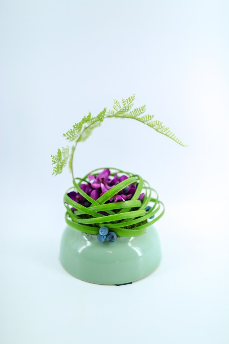 人造花飾-蕨類迷你紫東亞蘭水綠圓弧盆 - 植栽/盆栽 - 其他材質 綠色