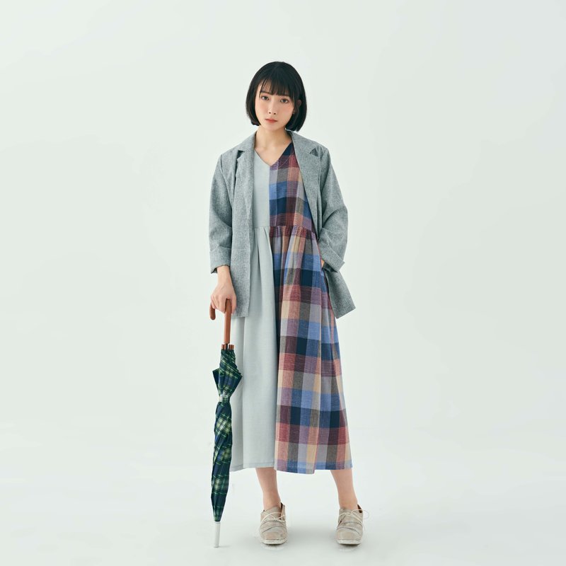 PLAID COTTON  MOSAIC COTTON GRAY ELEGANT FRENCH  SOFT VEST DRESS - ชุดเดรส - ผ้าฝ้าย/ผ้าลินิน สีเทา