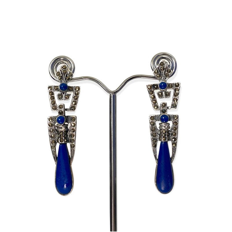 Art Deco Style Lapis Lazuli & Marcasite Drop Earrings / Set 925 Sterling Silver - 耳環/耳夾/耳骨夾 - 純銀 藍色