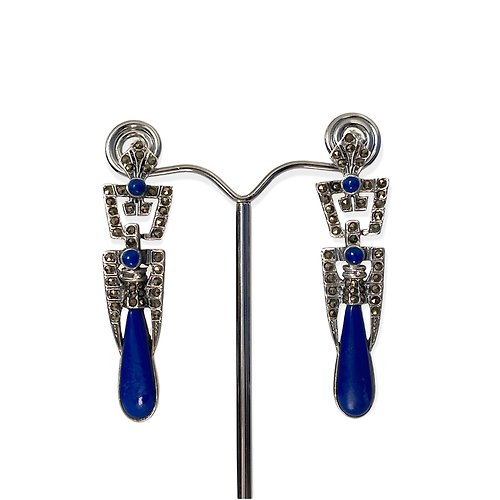 alisadesigns Art Deco Style Lapis Lazuli & Marcasite Drop Earrings / Set 925 Sterling Silver