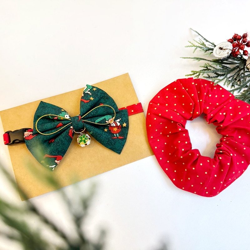 手工寵物圍兜 寵物領結 聖誕領結 主人髮圈 兩款一組 - 項圈/牽繩 - 棉．麻 綠色