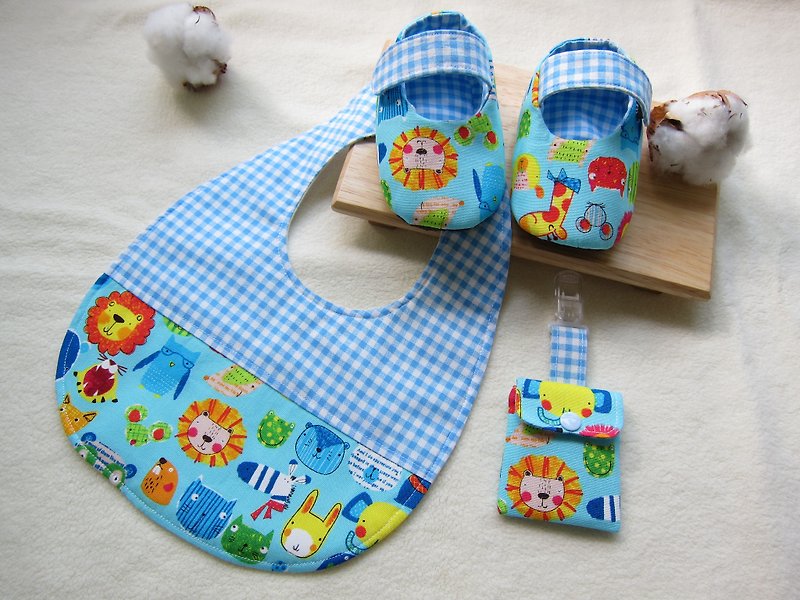 123動物園-嬰兒寶貝彌月組/寶寶鞋+圍兜+平安福袋(三件組) - 滿月禮物 - 其他材質 藍色