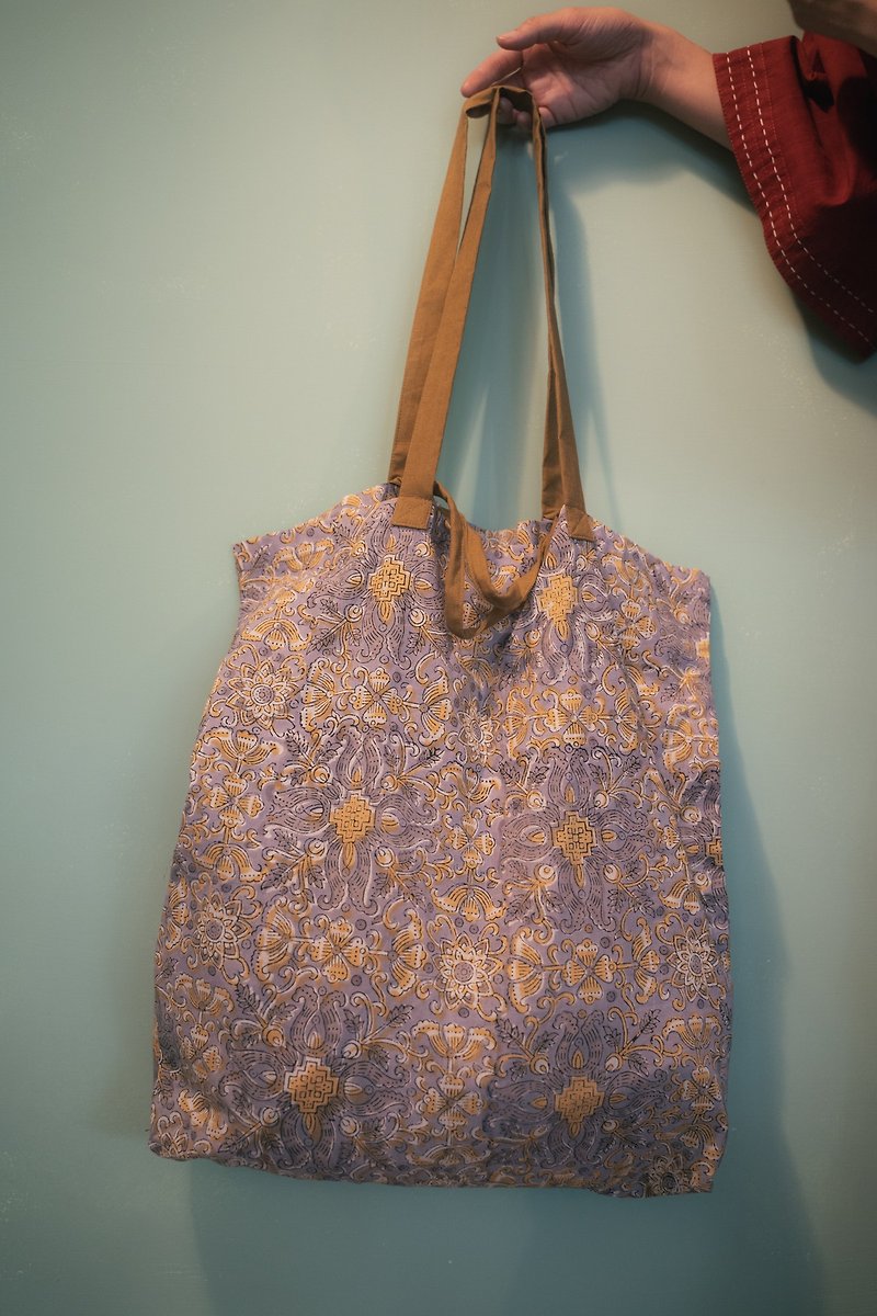 インド綿木版画バッグ_夏の花のように生きる - トート・ハンドバッグ - コットン・麻 カーキ