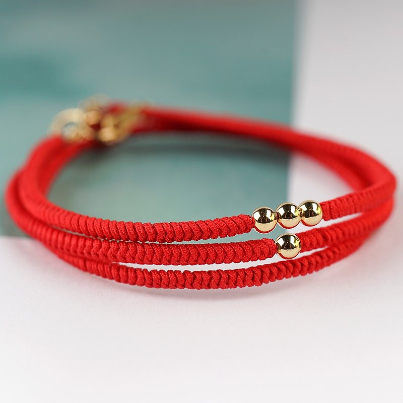 Untimely very thin red rope 18k yellow gold nine times diamond knot bracelet body protector original hand-woven simple - สร้อยข้อมือ - วัสดุอื่นๆ สีแดง