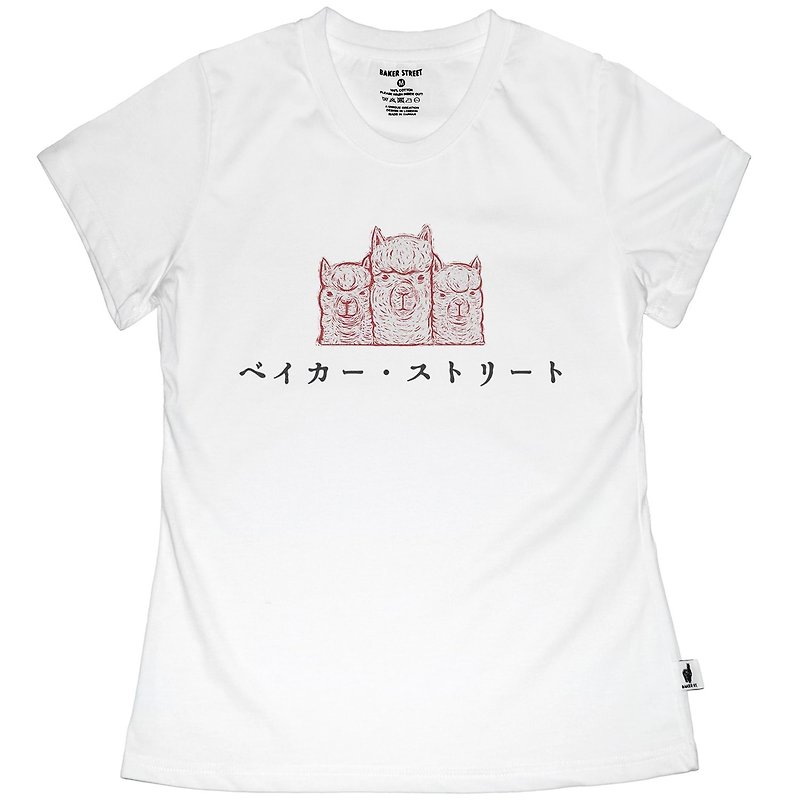 British Fashion Brand -Baker Street- Japanese Stamp Printed T-shirt - Women's T-Shirts - Cotton & Hemp White