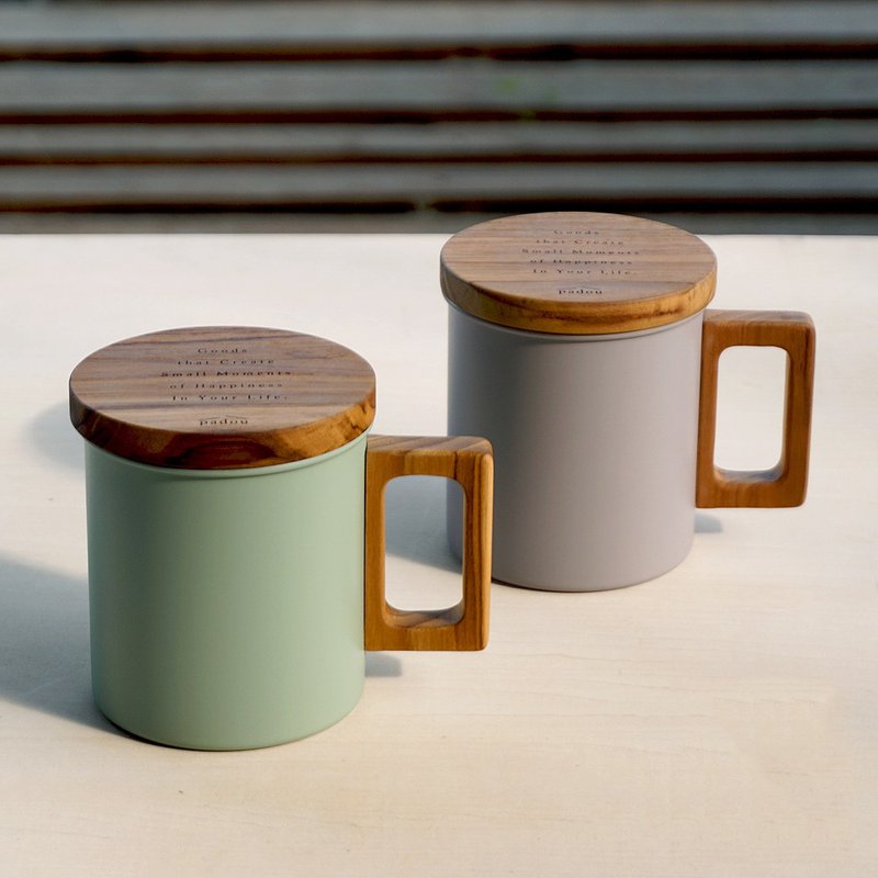 padou Wood and Stainless Mug L-size 400ml & Wood Lid Camping Cafe Big Gift Japan - แก้วมัค/แก้วกาแฟ - สแตนเลส สีกากี