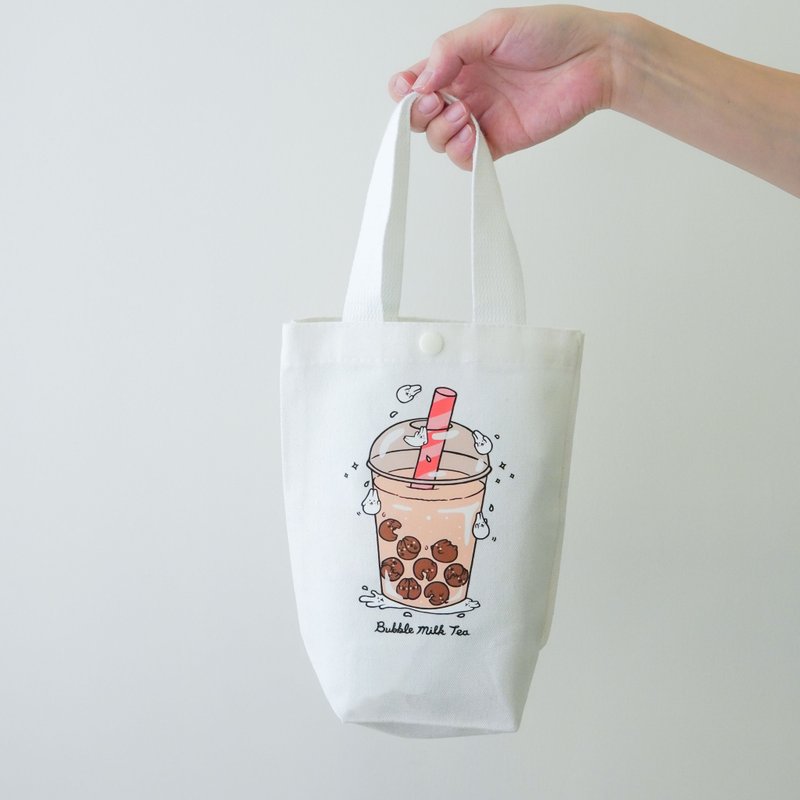 Beverage Cup Bag-Mochi Rabbit Pearl Milk Tea (Snow Bright White) - กระเป๋าถือ - ผ้าฝ้าย/ผ้าลินิน ขาว