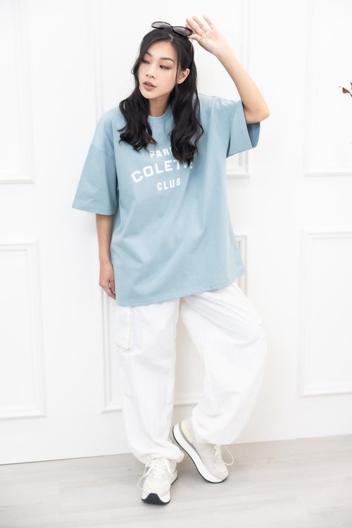 Meya 編縫編織 Colette Club 淺藍落肩短袖上衣