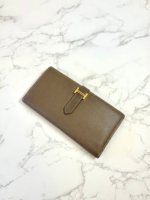LA LUNE Vintage 日本鑑證古董品選物店 絕版稀有品中古二手Hermes大象灰皮革Bearn長夾錢包男女小手拿袋