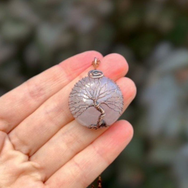 Rose Quartz Tree Of Life Yoga Healing Necklace, Heart Chakra Pendant, Amulet - 項鍊 - 其他金屬 粉紅色
