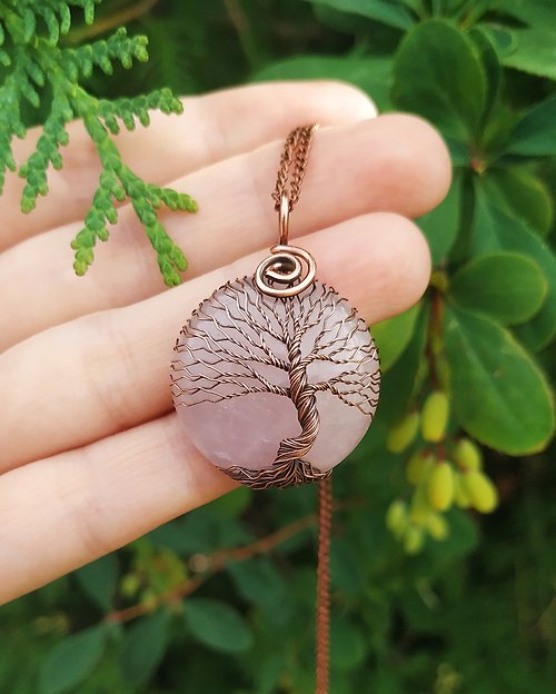 DrevoZen Rose Quartz Tree Of Life Yoga Healing Necklace, Heart Chakra Pendant, Amulet
