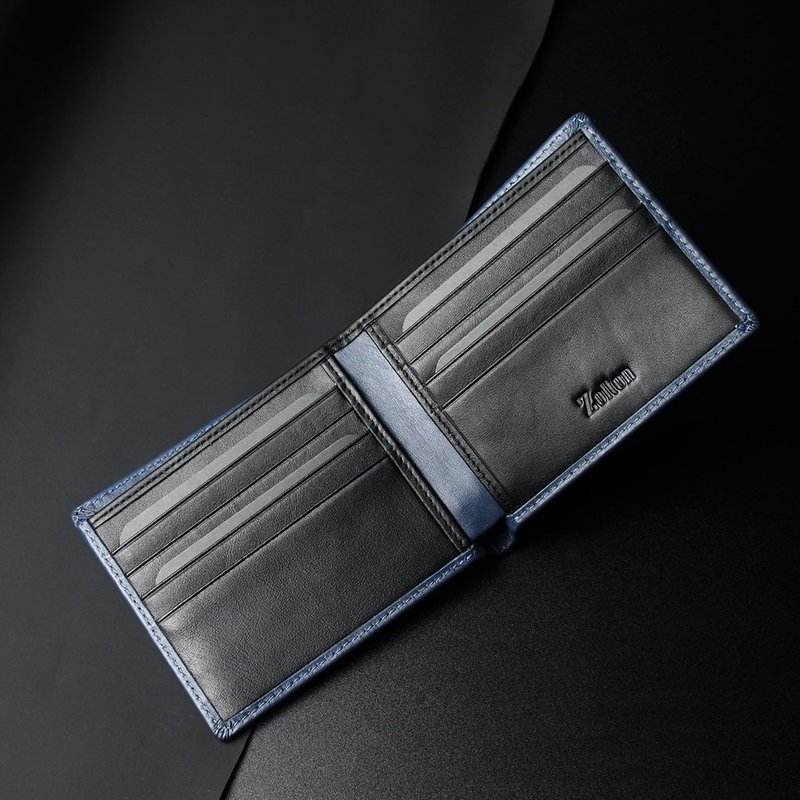 【HOT】Zolton genuine leather bi-fold minimalist wallet with engraving blue customized engraving - กระเป๋าสตางค์ - หนังแท้ สีน้ำเงิน