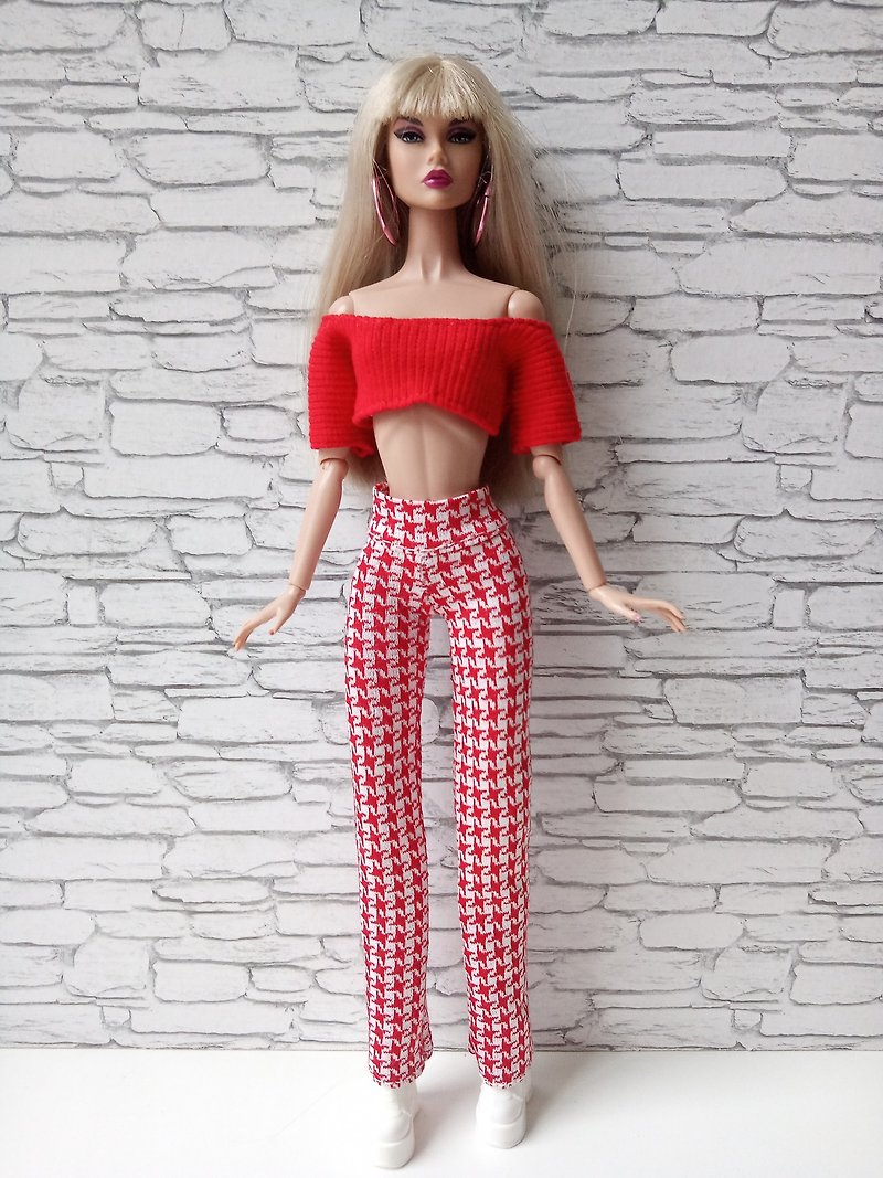 Trousers made of knitted fabric with a red and white pattern for Poppy Parker - ของเล่นเด็ก - เส้นใยสังเคราะห์ สีแดง