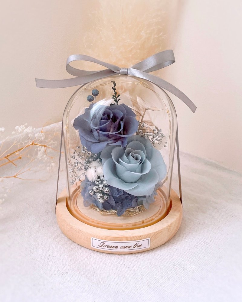 Preserved flower glass cup-Shenmi gray blue l night light Japanese rose preserved flower glass cup - ช่อดอกไม้แห้ง - พืช/ดอกไม้ สีน้ำเงิน