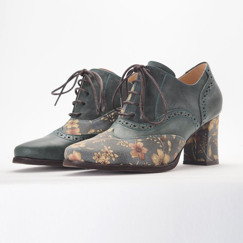 Love Flower Oxford (high heel) - Yoshiku - High Heels - Genuine Leather Green