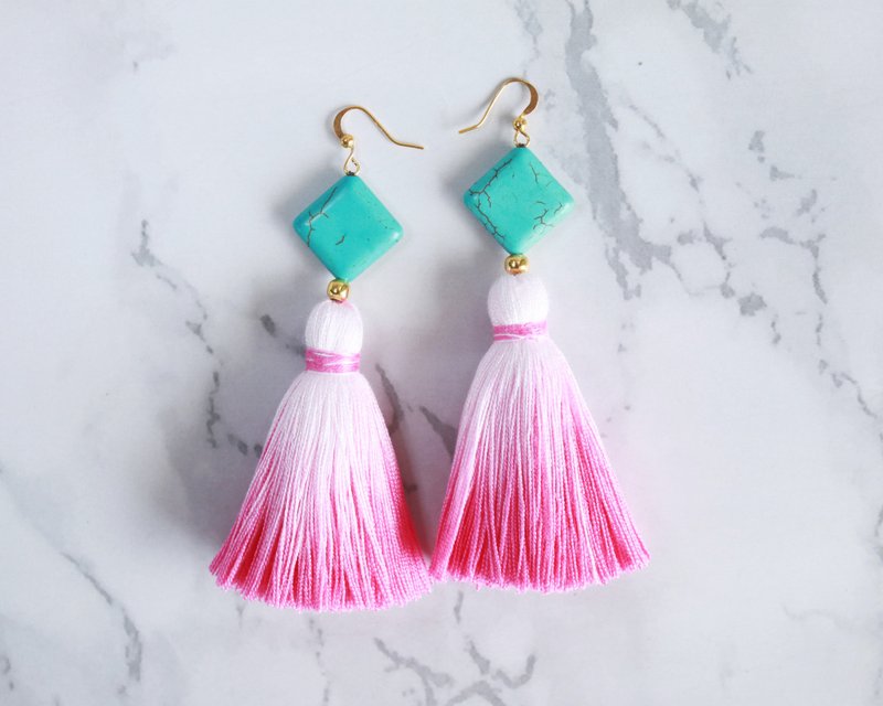 Pink Ombre Tassel Fringe Drop Earrings, Jewelry Gift for Women Girlfriend - ต่างหู - ผ้าฝ้าย/ผ้าลินิน สึชมพู