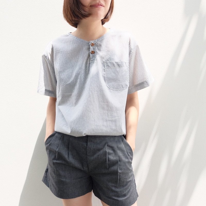 Michi Top : Striped - เสื้อผู้หญิง - ผ้าฝ้าย/ผ้าลินิน สีเทา