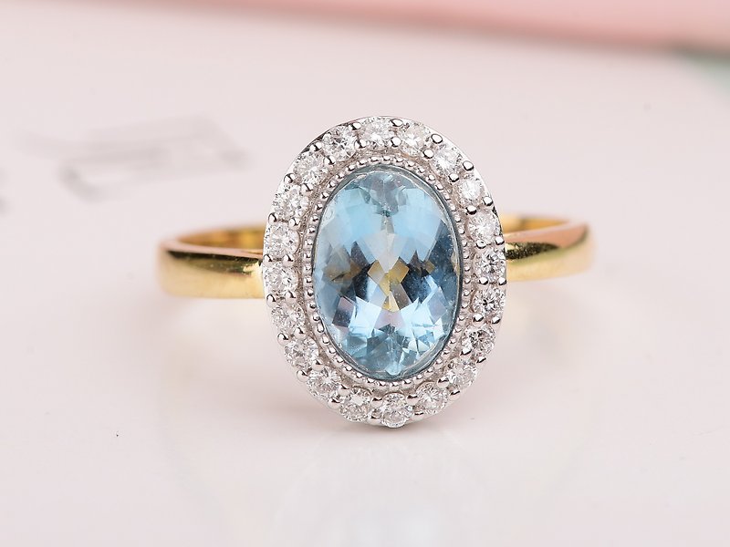 Two tone halo aquamarine ring in solid 18k white gold and yellow gold, Alternati - General Rings - Rose Gold Blue