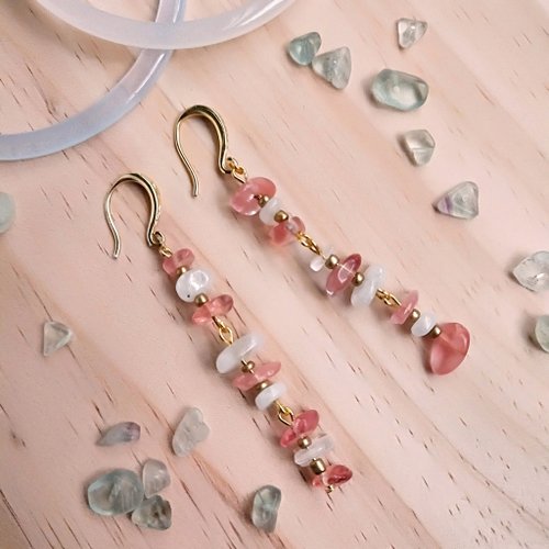 打結。Jaye's Macrame Studio J011-天然石珠串耳環(四色) 西瓜紅水晶+月光石