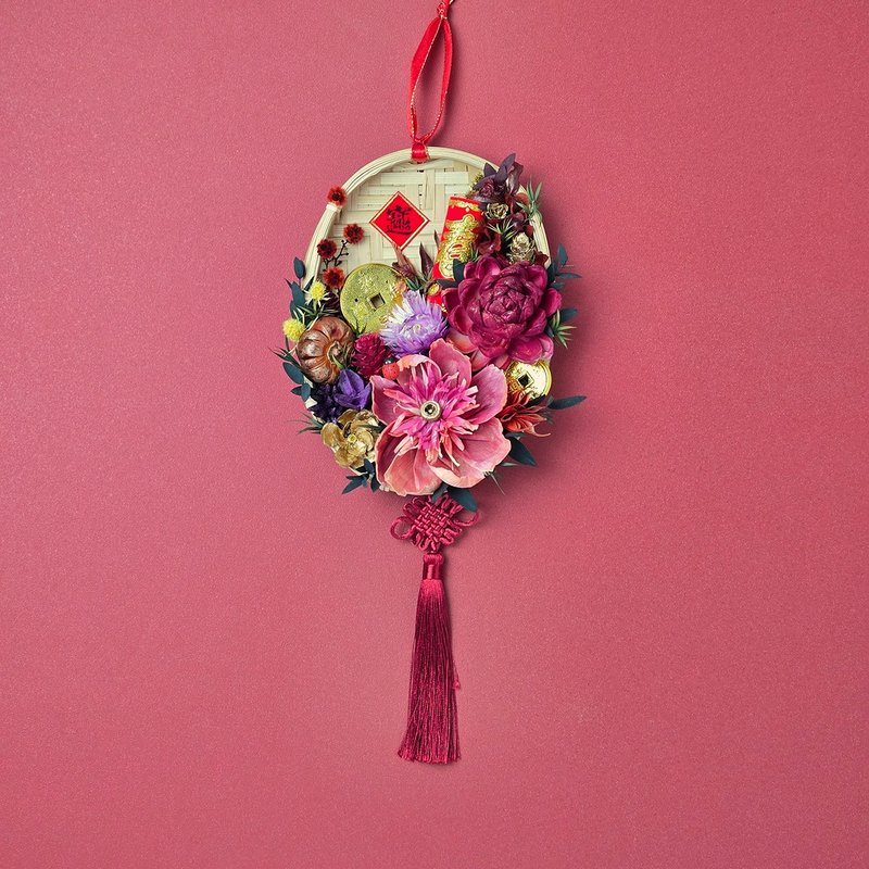 【現品】プリザーブドソラフラワーとドライフラワーの開運招福米ふるい飾り - 招財進寶（財運向上）タイプ 14cm - ドライフラワー・ブーケ - 寄せ植え・花 レッド