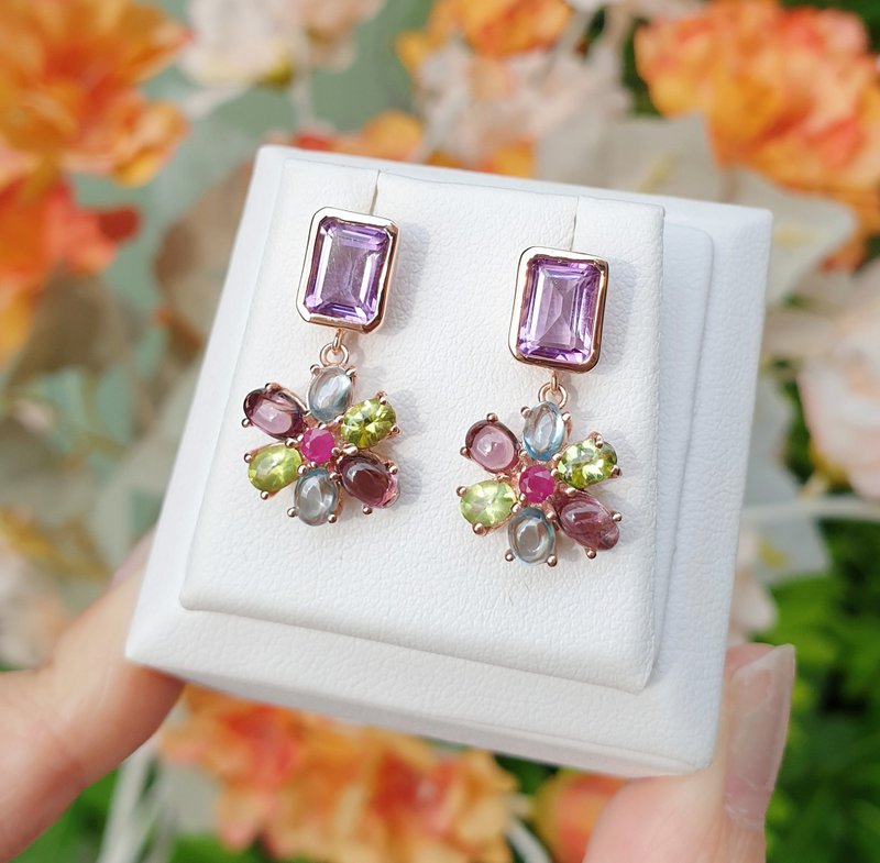 Dangle earrings amethyst decorated multi-color gemstone flower shape Rainbow color - 耳環/耳夾/耳骨夾 - 寶石 多色