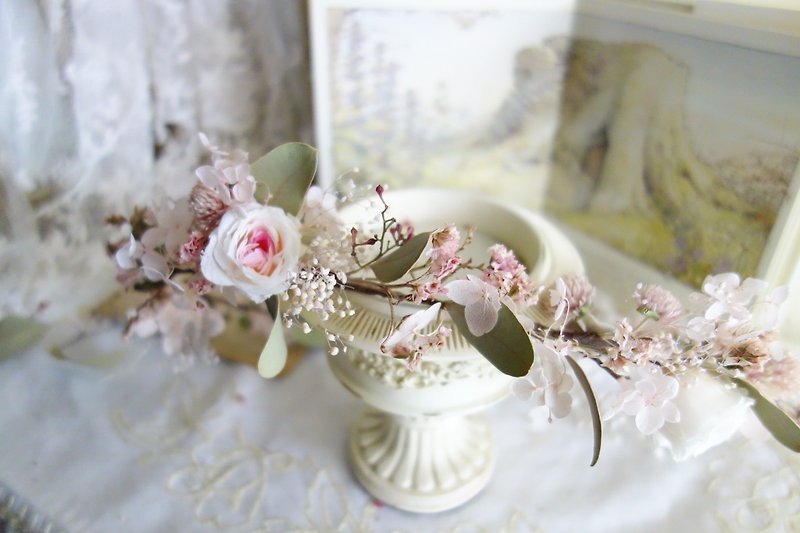 婚禮花飾系列~粉綠不凋玫瑰混乾燥花環 - 髮夾/髮飾 - 植物．花 粉紅色