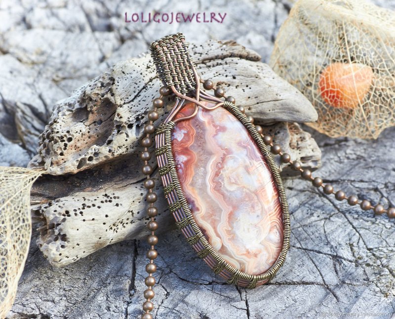 Handmade Wire Wrap Pendant with Crazy Lace Agate, Copper & German Silver - 項鍊 - 寶石 粉紅色