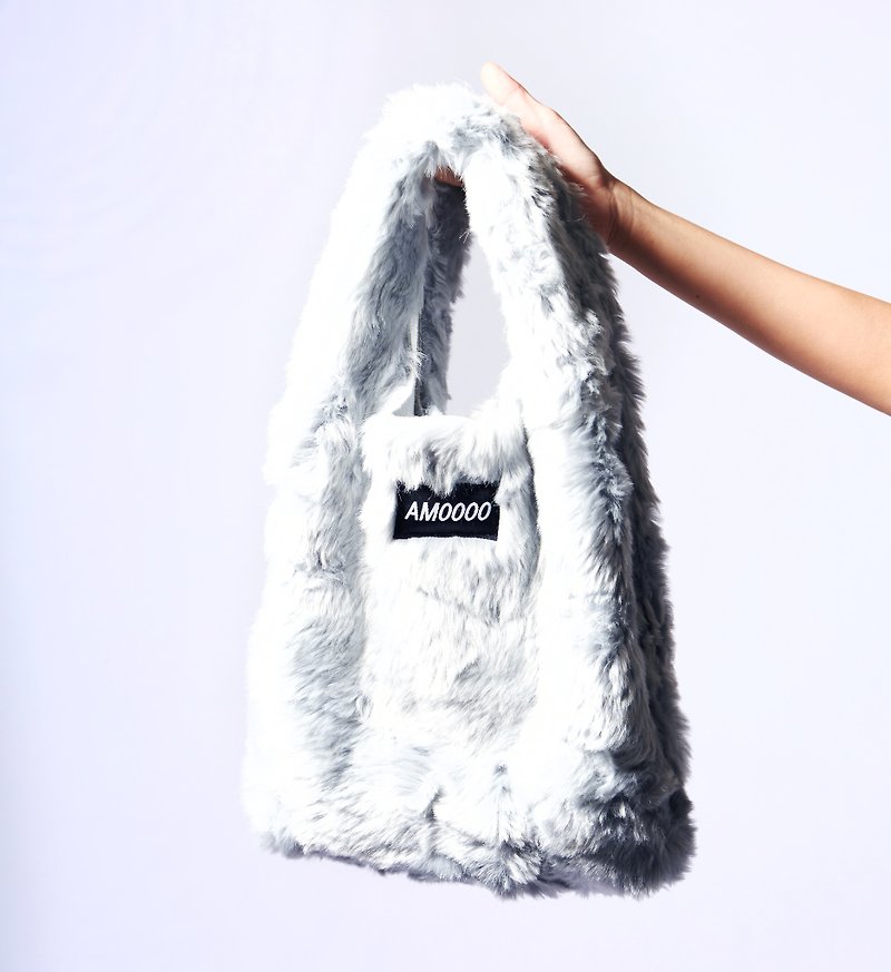 AM0000 ||| Fache II Fur Small Handbag Light Gray Blue/ Calm Gray Artificial Fur - กระเป๋าถือ - เส้นใยสังเคราะห์ สีเทา
