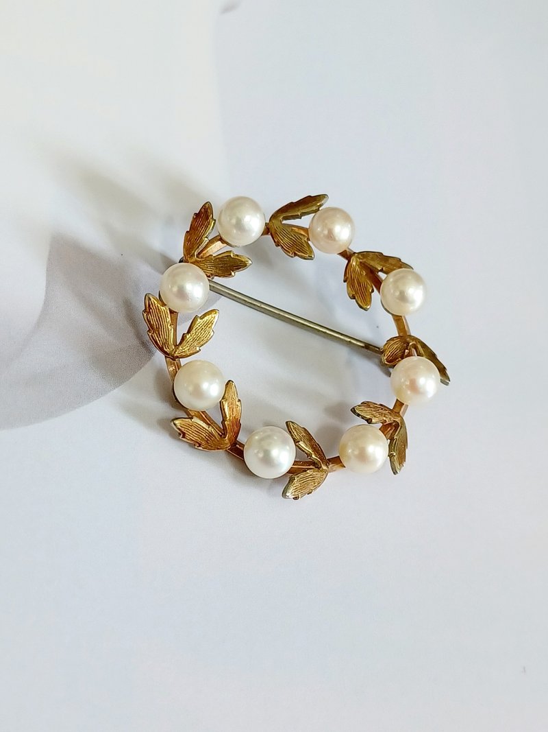 vintage jewelry 古董 krementz 珍珠14k鍍金花環 別針 - 胸針 - 其他金屬 