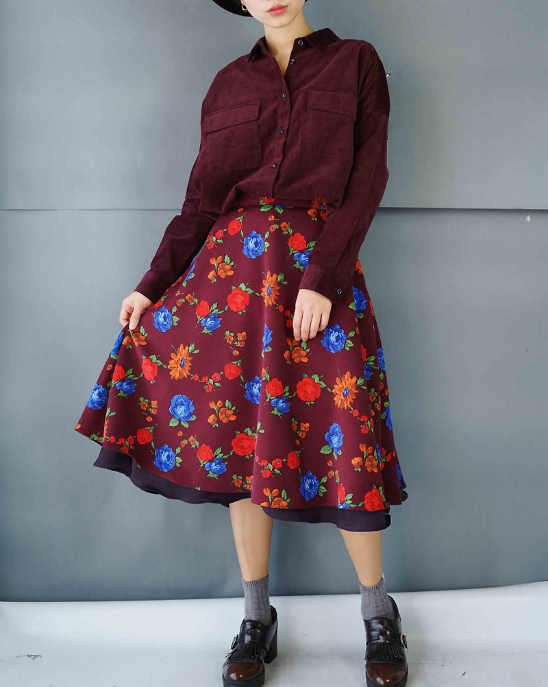 Design hand made - vintage floral burgundy multi-level round skirt - Skirts - Polyester Red