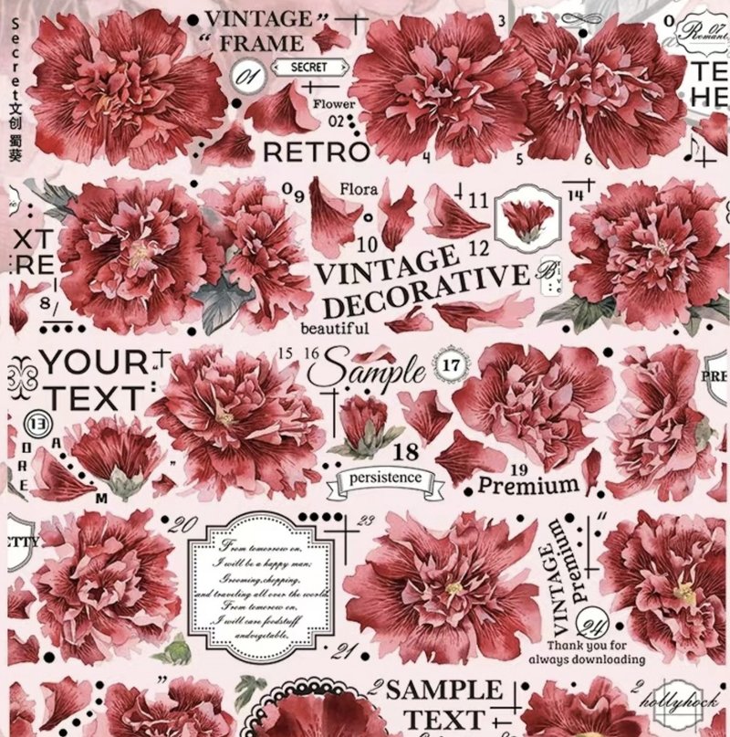 Hollyhock はなあおい Retro red large flower English text and washi tape - Washi Tape - Other Materials Red