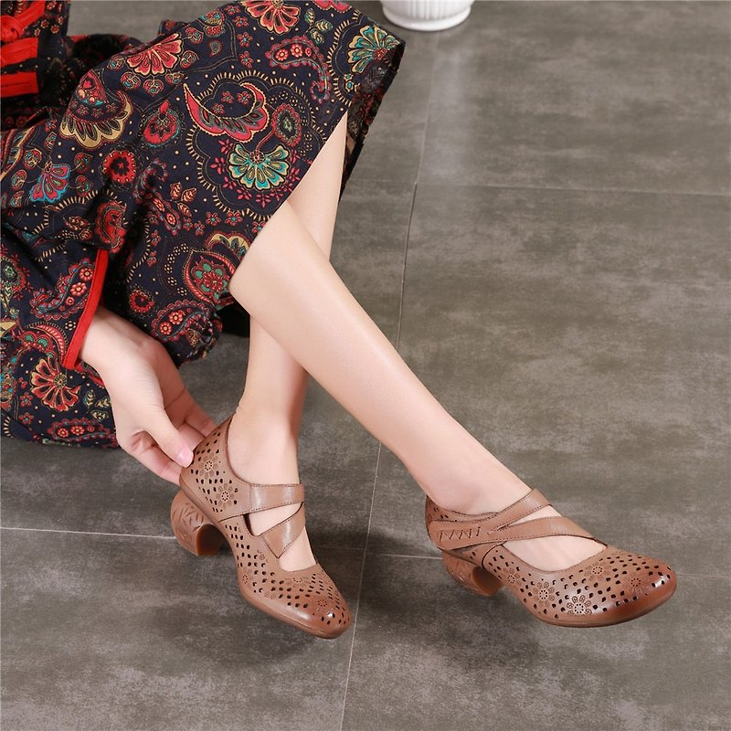 Openwork high heel velcro leather chunky heel shoes with single shoes - High Heels - Genuine Leather Khaki