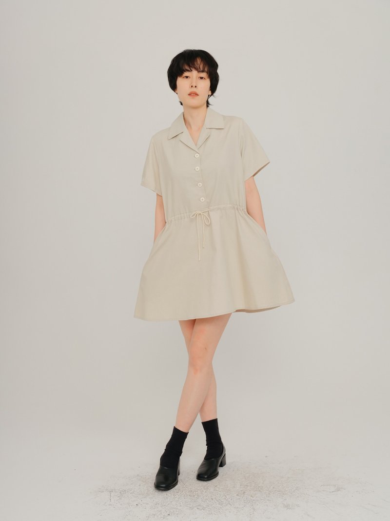 Beige Single Breasted Drawstring Waist Cotton Dress Short Sleeve Dress - ชุดเดรส - ผ้าฝ้าย/ผ้าลินิน ขาว