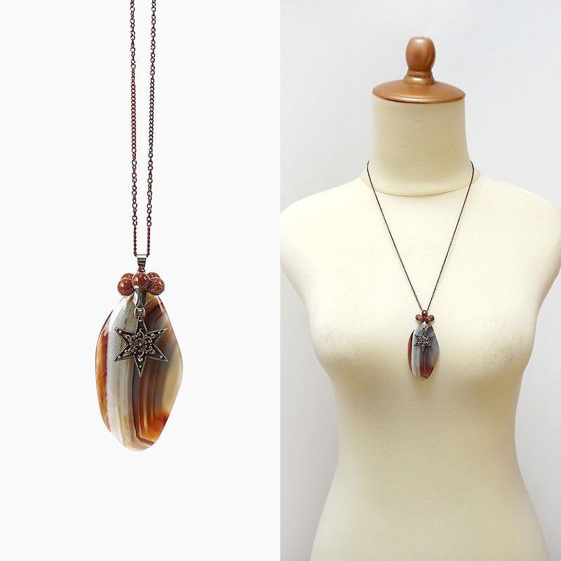 Brown Agate Stone Slab with Gold Sandstone and Star Charm - Necklaces - Semi-Precious Stones Brown