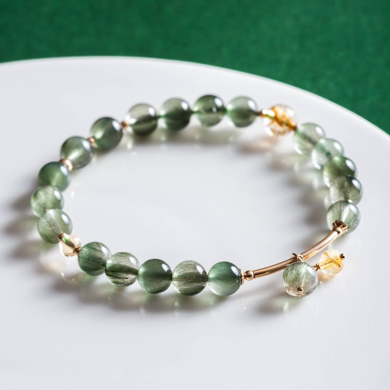 Green Rutilated Quartz, Golden Rutilated Quartz , 14K Gold Filled Findings Brace - สร้อยข้อมือ - เครื่องเพชรพลอย สีเขียว