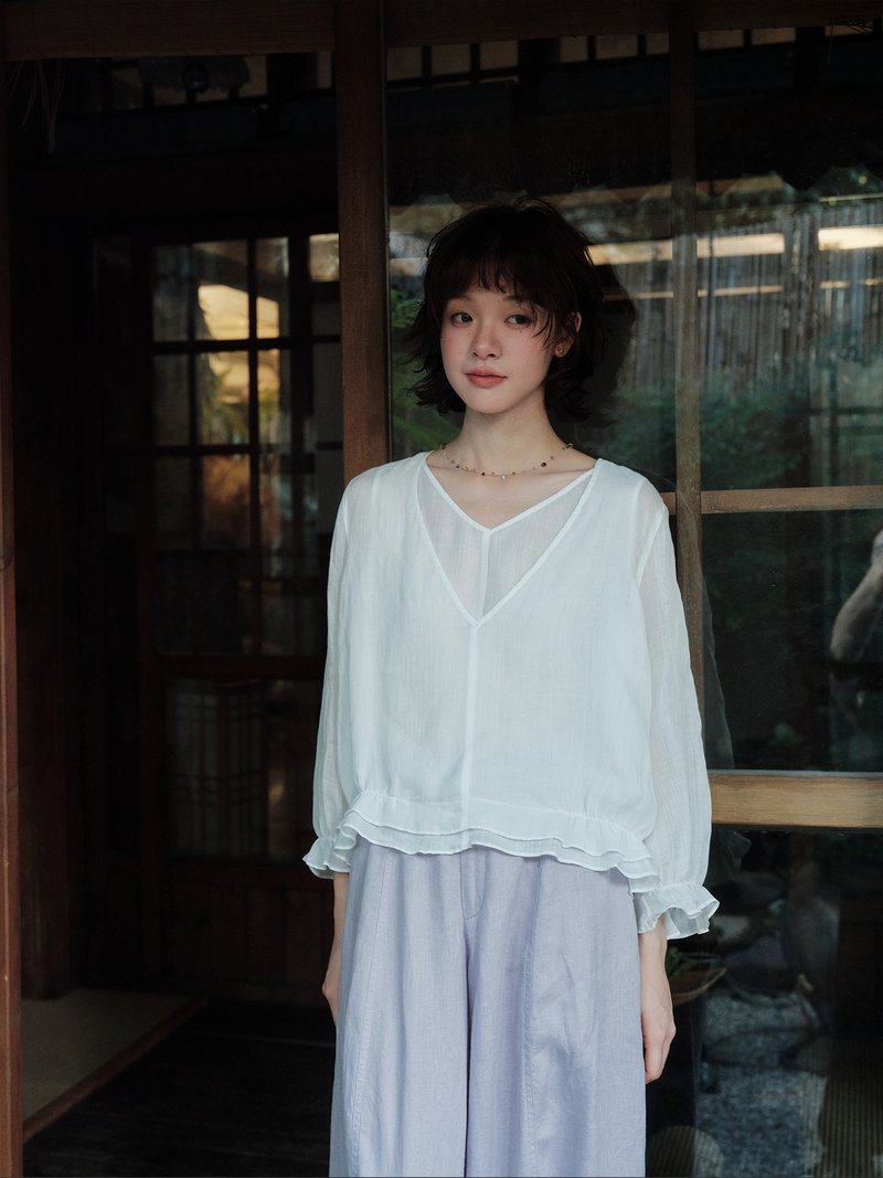 米白色雙層苧麻小衫長袖 鬆弛感 - 女襯衫 - 棉．麻 多色