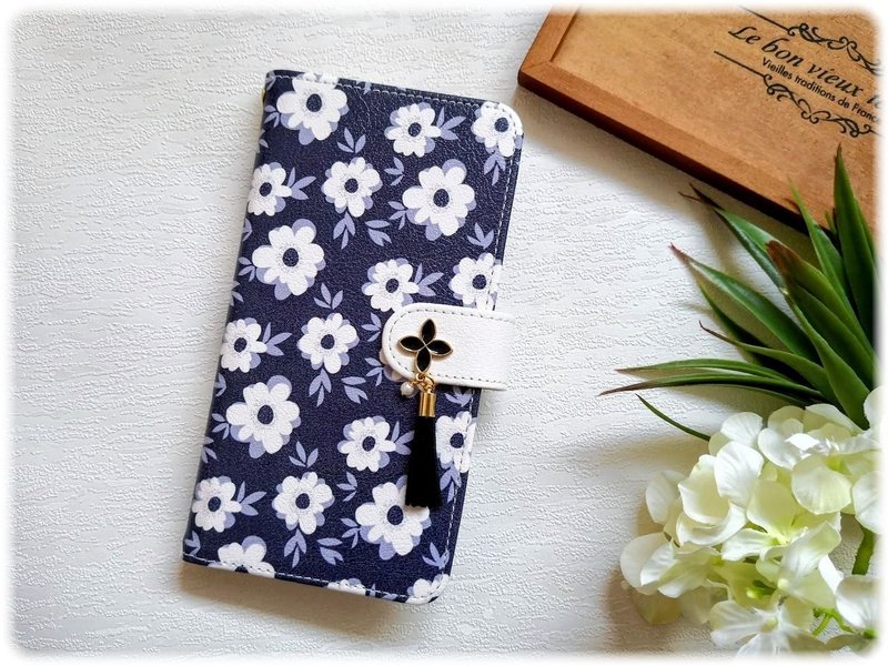 iPhone 14 iPhone 15 Pro Smartphone Case Navy Flower lover Pattern Smartphone Case Card Storage Wallet Type Cute iPhone 12 Cover Phone Set - เคส/ซองมือถือ - หนังเทียม สีน้ำเงิน