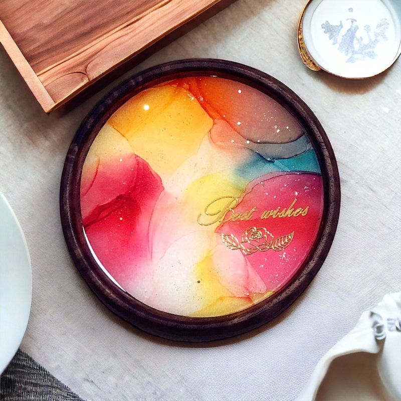 Alcohol Ink Art Premium Walnut Wooden Coaster - Best Wishes (A) - ของวางตกแต่ง - วัสดุอื่นๆ หลากหลายสี