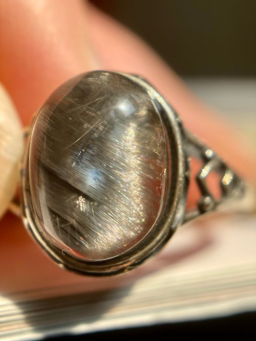 波卡圓點與小月光 蛋面銀鈦晶復古925銀戒指