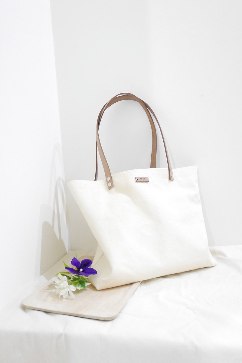 Simple Tote Canvas Bag Leather Strap#92 - Handbags & Totes - Cotton & Hemp White