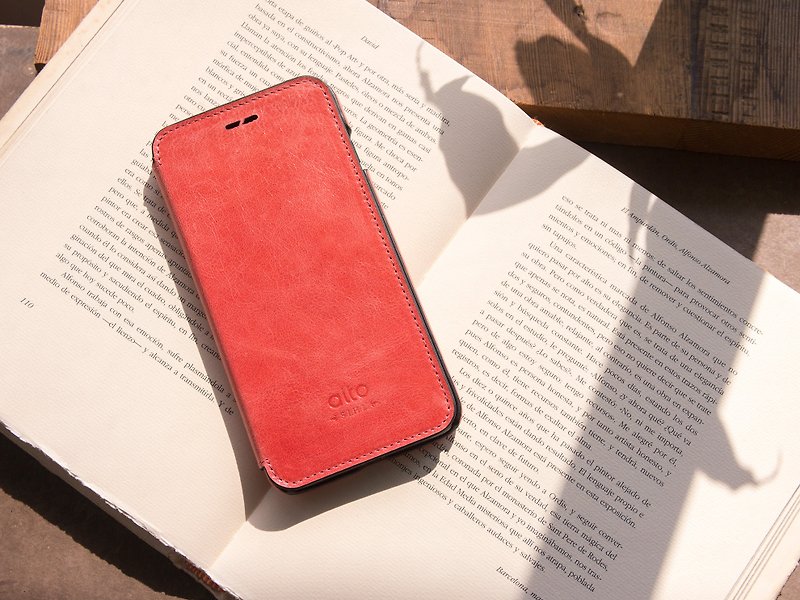 alto iPhone 8 Plus / iPhone 7 Plus 側翻式皮革手機套 5.5吋 Foglia - 珊瑚紅【可加購客製文字雷雕】真皮 保護套 Leather Case - 手機殼/手機套 - 真皮 紅色