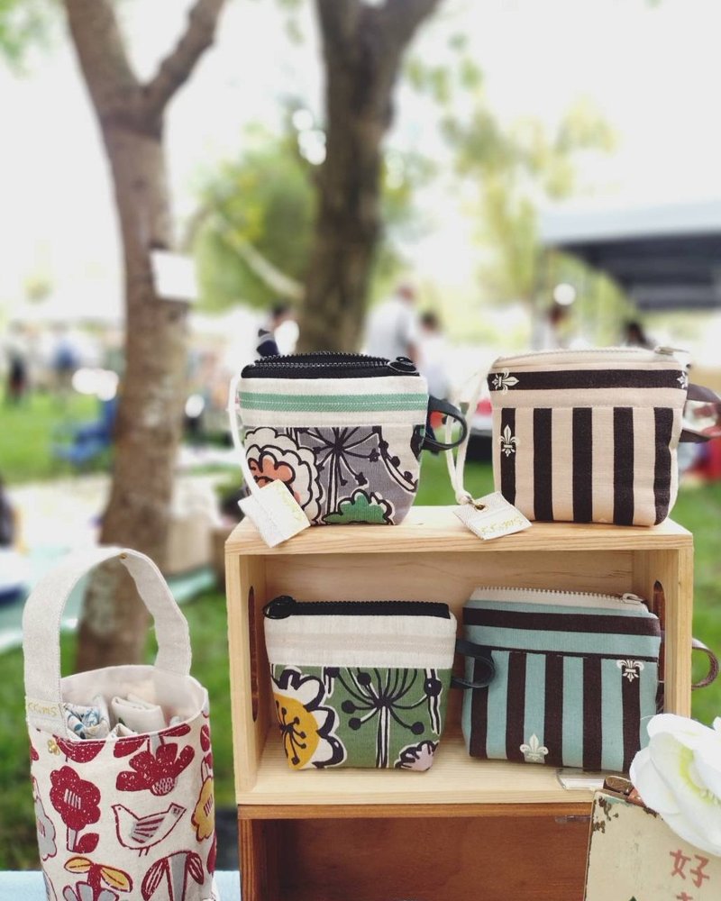 【FCP/來杯茶小物包】歐風條紋 蓬蓬鋪棉 日本布 棉麻 先染 - 零錢包/小錢包 - 棉．麻 咖啡色