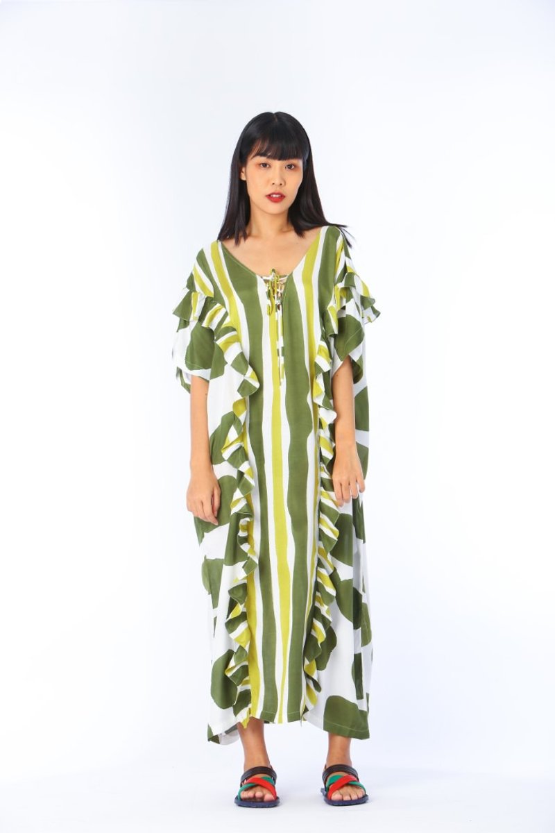 Kaftan V Nack Cotton Silk Hand paint SS19-03 - 洋裝/連身裙 - 棉．麻 綠色
