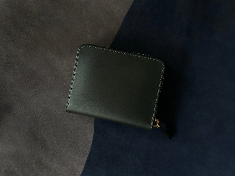 Vegetable tanned leather cowhide zipper coin bag with multi-layer short clip | Dark green in stock - Wallets - Genuine Leather 